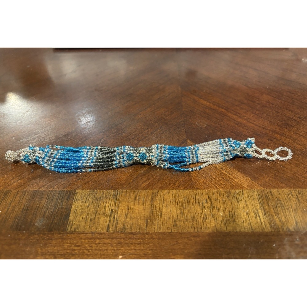 Multi Strand Micro Bead Knot Bracelet~Turquoise & Silver~7"-7.5"~Handmade Bali
